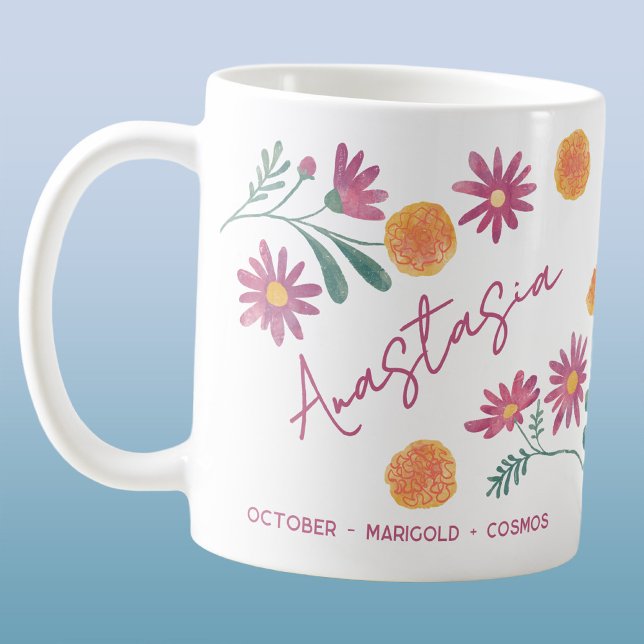 Mug Fleur de naissance d'octobre Nom personnalisé Souc (October birth month flower personalized custom name marigold cosmos coffee mug gift)