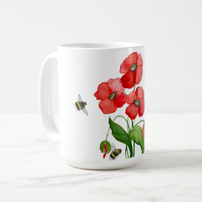 Mug Fleur de pavot écarlate délicate et bourdons (Devant gauche)