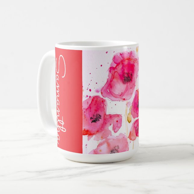 Mug Fleur de pavot rouge aquarelle nom de femme (Devant gauche)