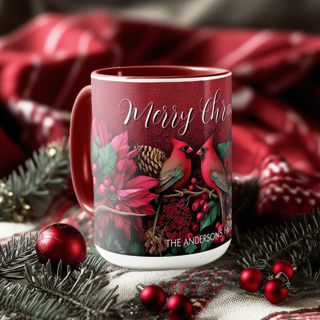 Mug Fleur de Pointessia de Noël Cardinaux Nom d'oiseau (Christmas Pointessia Flower Cardinals Birds Name Mug)