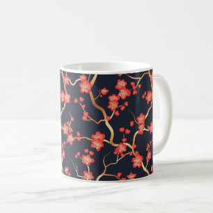 Mug Fleur de prunier rouge or bronze marine florale