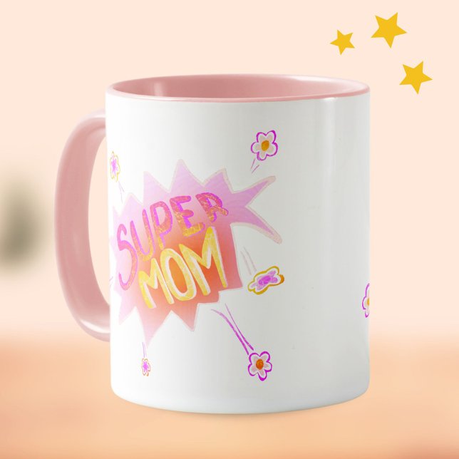 Mug Fleur de super maman rose bulle de bande dessinée  (Créateur téléchargé)