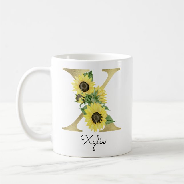 Mug Fleur de tournesol doré personnalisé avec initiale (Gauche)