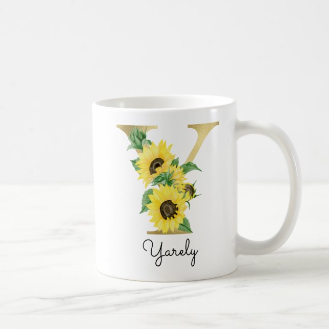 Mug Fleur de tournesol dorée monogrammée initiale Y (Droite)