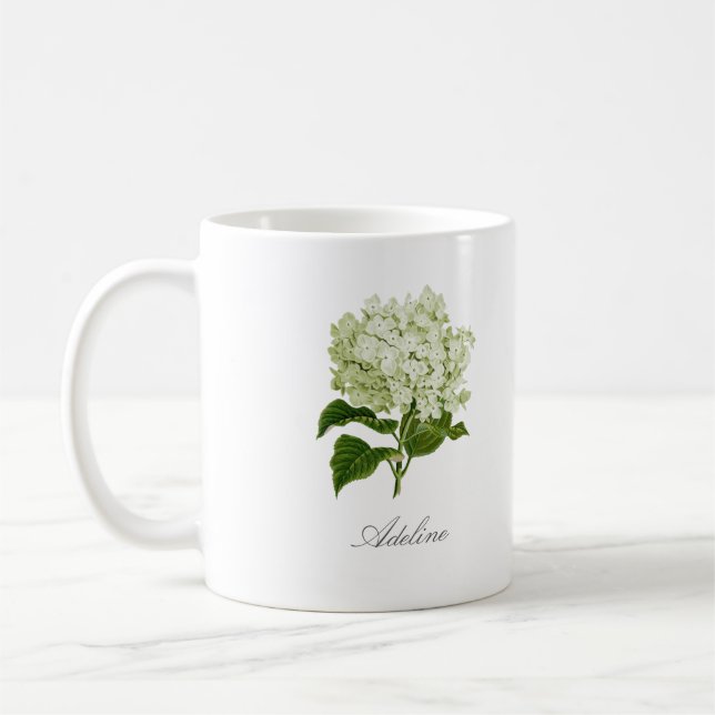 Mug Fleur d'hortensia verte et blanche et nom personna (Gauche)