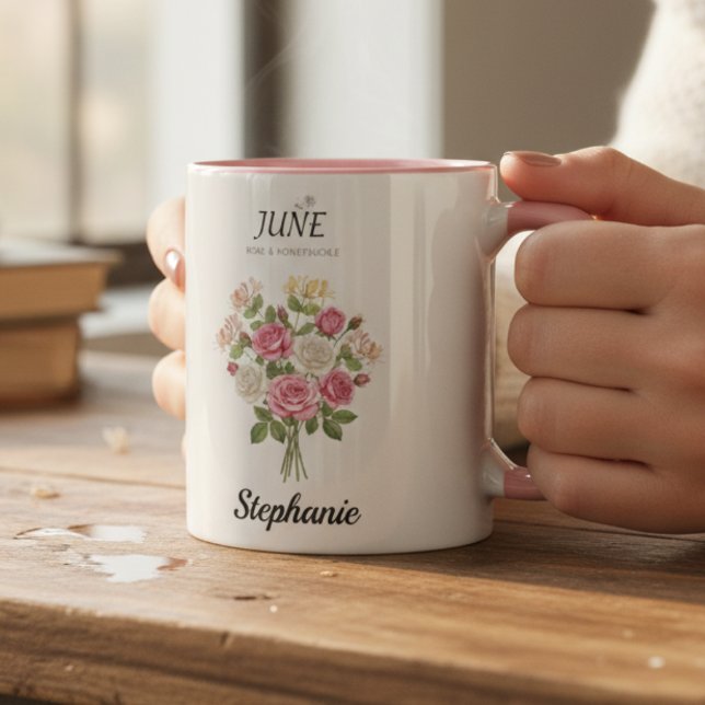 Mug Fleur du mois de naissance de juin Cadeau grand-mè (Cozy Rose & Honeysuckle – June Birthday Mug)