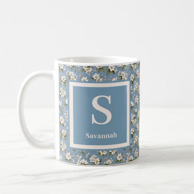 Mug Fleur Élégante Bleue Monogramme (Gauche)