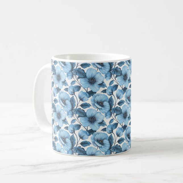 Mug Fleur Élégante Chic Rétro Bleue Mignonne Vintage (Devant gauche)