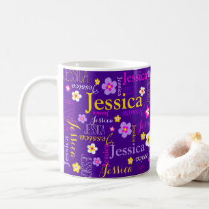 Mug Fleur jaune rose violet nom personnalisé jessica