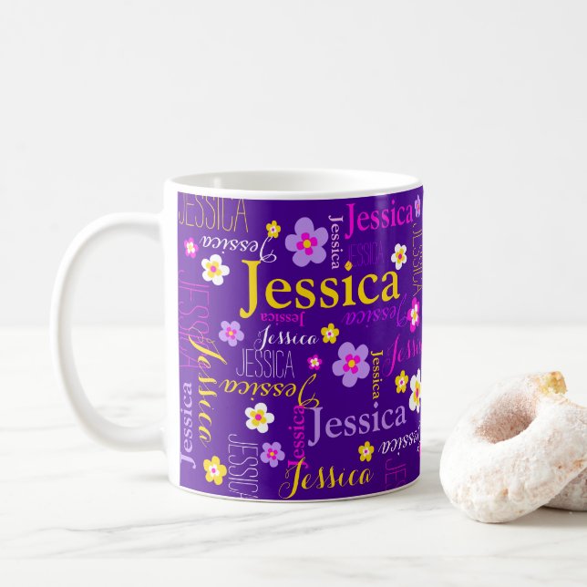 Mug Fleur jaune rose violet nom personnalisé jessica (Avec donut)