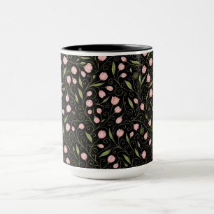 Mug Fleur mignonne, rose sur noir avec motif répétitif