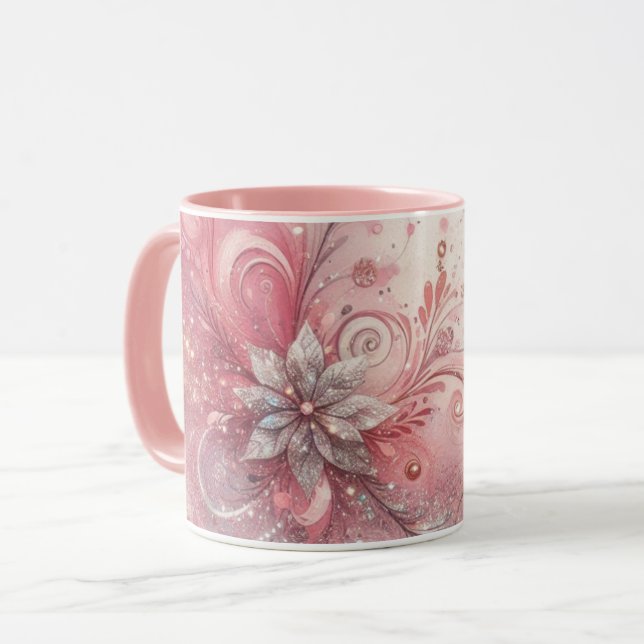 Mug Fleur Pailletée Rose Féminin Étincelant (Devant gauche)