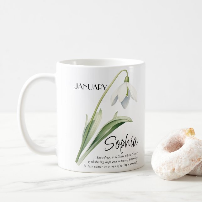 Mug Fleur personnalisée du mois de naissance janvier (Avec donut)