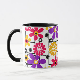 Mug Fleur rétro, lumineux rétro, floral, rouge et jaun