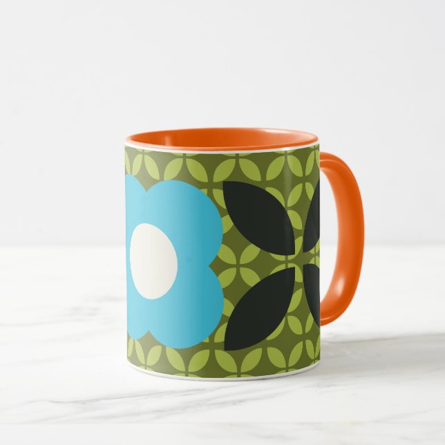 Mug Fleur Rétro, motif géométrique bleu clair et vert (Devant droit)