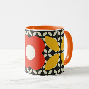 Mug Fleur Rétro, Motif Géométrique Rouge et Jaune