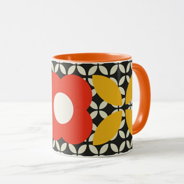 Mug Fleur Rétro, Motif Géométrique Rouge et Jaune (Devant droit)