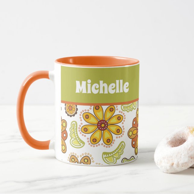 Mug Fleur rétro personnalisée Orange Vert (Avec donut)