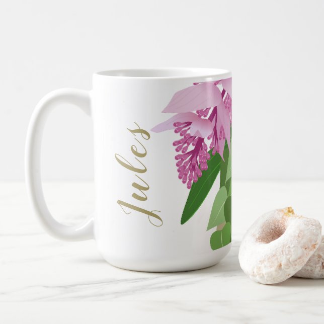 Mug Fleur rose de Medinilla tropicale sur nom blanc (Avec donut)