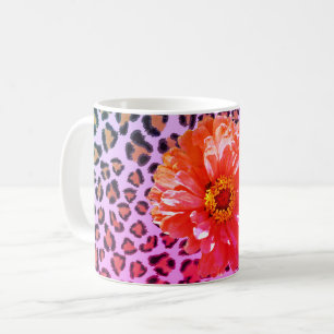 Mug Fleur rose et orange funky avec motif léopard