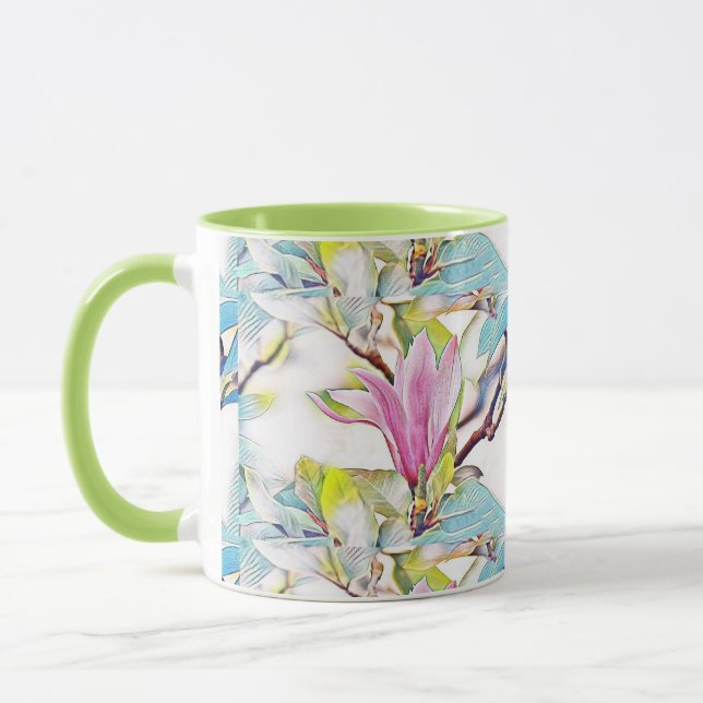 Mug Fleur rose magnolia aquarelle bleu arrière - plan (Gauche)