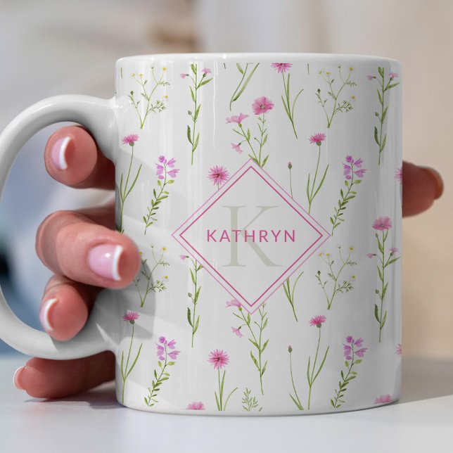 Mug Fleur rose sauvage illustrée Monogramme (Créateur téléchargé)