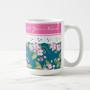 Mug Fleur rose sur Bleu foncé avec dentelle aux Faux