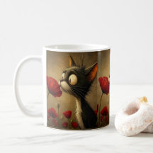 Mug Fleur Rouge Chat Noir et Blanc Floral