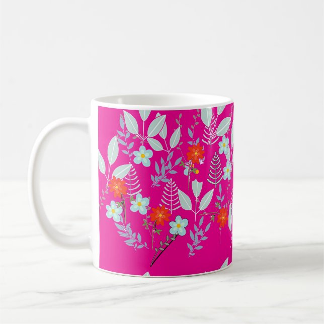 Mug Fleur rouge + Feuilles Rose Chaud (Gauche)