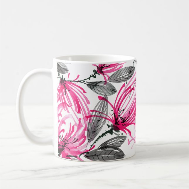 Mug Fleur rouge orientale : Motif d'aquarelle. (Gauche)