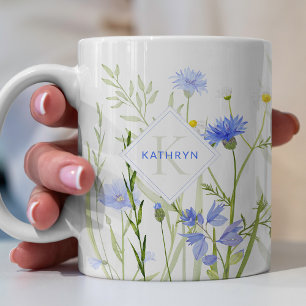 Mug Fleur sauvage bleu monogramme personnalisée