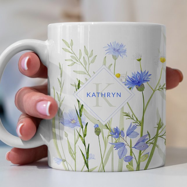 Mug Fleur sauvage bleue de monogramme personnalisée (Créateur téléchargé)