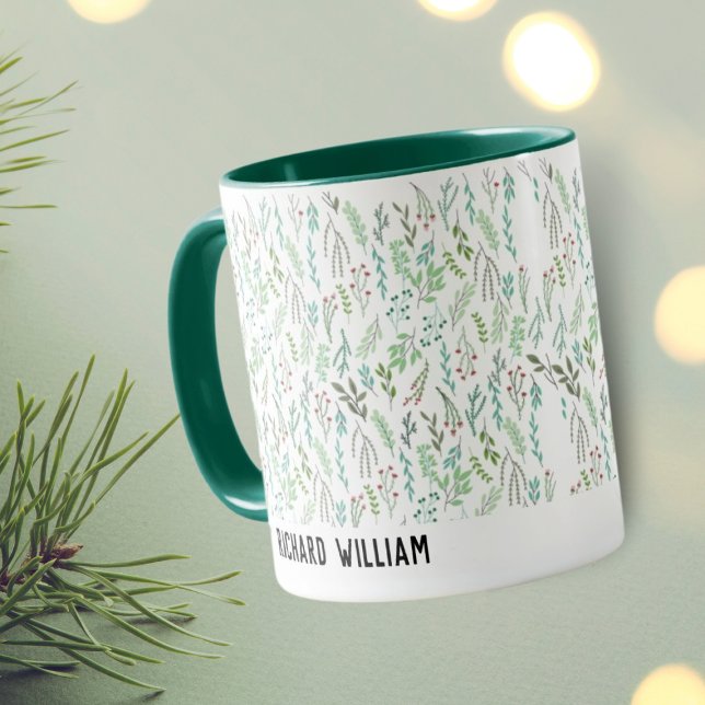 Mug Fleur sauvage minimale Élégant café vert de Noël (Créateur téléchargé)