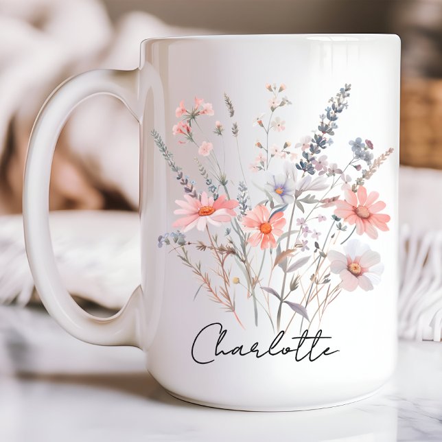 Mug Fleur sauvage personnalisée, cadeau pour elle  (gift for girls, mug for her, floral birthday gift, floral Mother’s Day gift, custom name mug)