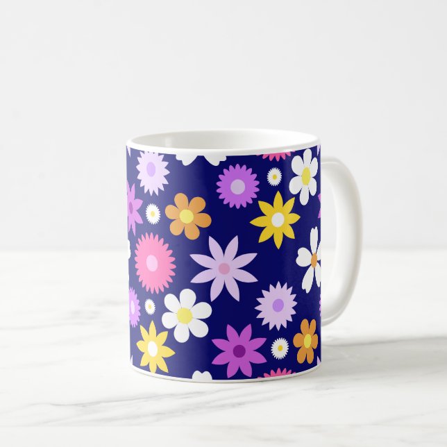 Mug Fleur style les années 70 rétro Grand Motif sur bl (Devant droit)