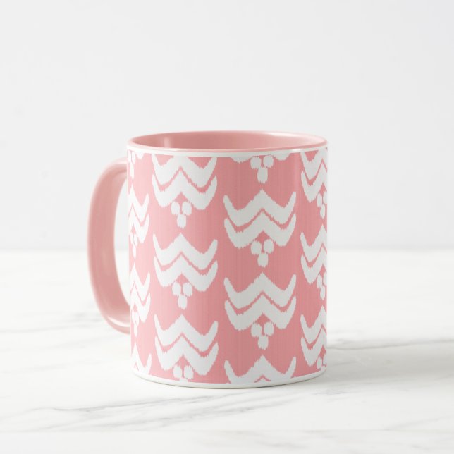 Mug Fleur stylisée Ikat - Corail rose et blanc (Devant gauche)