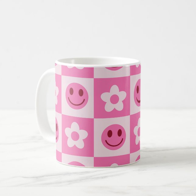 Mug Fleurs à carreaux et visages heureux Rose  (Devant gauche)