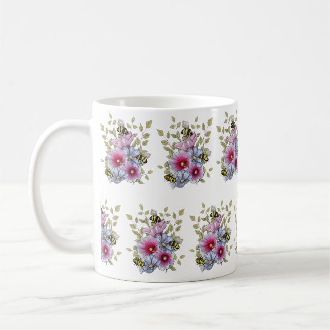 Mug FLEURS & ABEILLES Dessin numérique, roses trémière (Gauche)