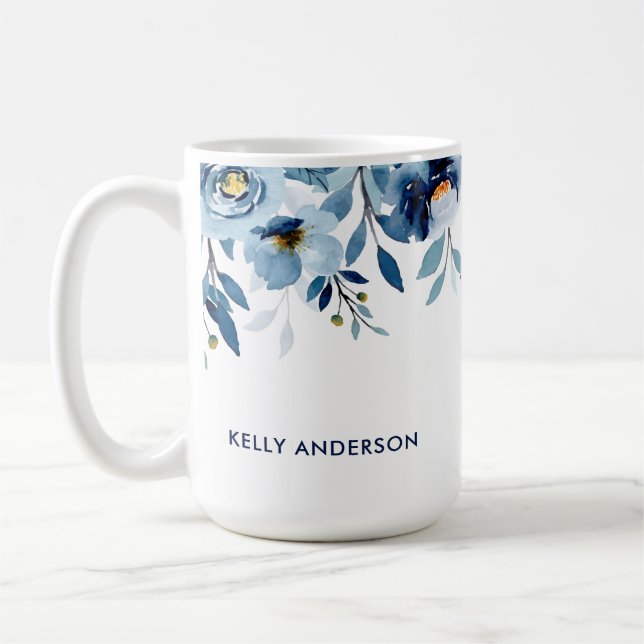 Mug Fleurs aquarelle bleue monogramme élégant (Gauche)
