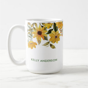 Mug Fleurs aquarelle jaunes monogramme élégant