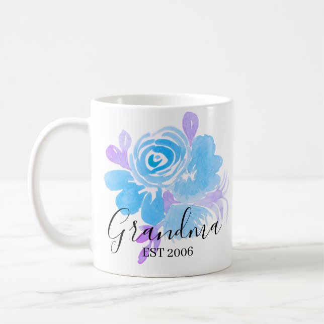 Mug Fleurs aquarelle main Maman Grand-mère Bleu Violet (Gauche)
