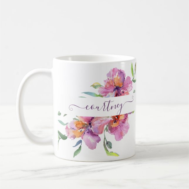Mug Fleurs aquarelle rose personnalisées (Gauche)