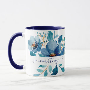 Mug Fleurs aquarelles bleues vives personnalisées