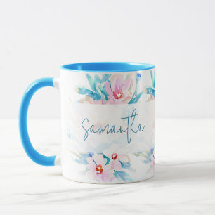 Mug Fleurs aquarelles personnalisées rose et bleu
