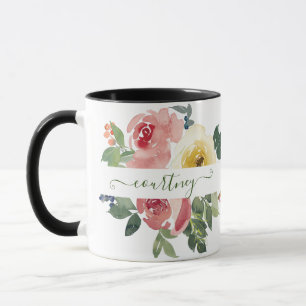 Mug Fleurs aquarelles rose et jaune personnalisées