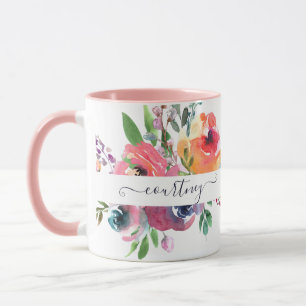 Mug Fleurs aquarelles rose et orange personnalisées