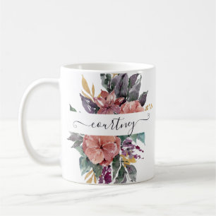 Mug Fleurs aquarelles rose et violette personnalisées