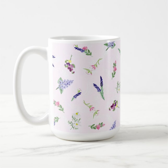 Mug Fleurs aquarelles sur texture de dentelle rose pâl (Gauche)