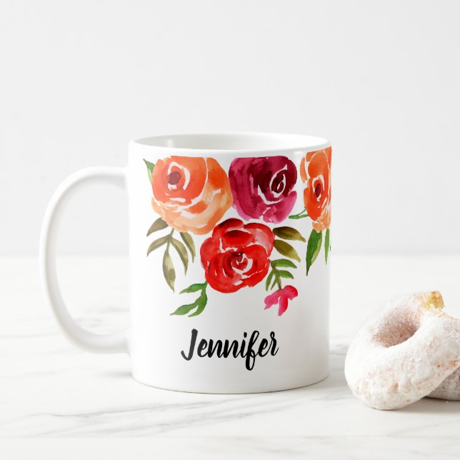 Mug Fleurs aquarelles tendance personnalisées (Avec donut)