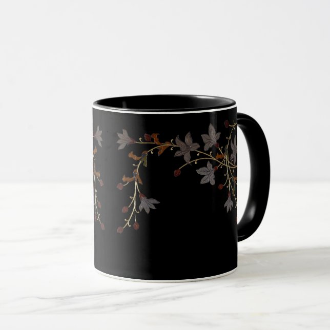 Mug Fleurs Art Déco sur fond noir (Devant droit)